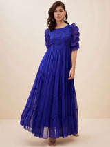 Women's Cobalt Blue Embellished Puff Sleeves Chiffon Fit and Flare Maxi Dress