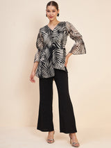 Women's Black Conversational Printed V-Neck Puff Sleeve Co-ords Set