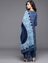 Women's Blue Cotton Printed Kurta and Blue Cotton Printed Palazzo with Blue Cotton Printed Dupatta