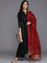 Women's Black Cotton Solid Kurta and Black Cotton Solid Palazzo with Maroon Chanderi Silk Woven Dupatta