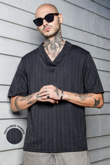 Unisex Black Knited Textured Round Neck Tshirt