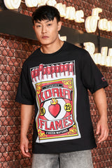 Unisex Black Oversized Printed Drop-Shoulder Sleeve Pure Cotton Tshirt