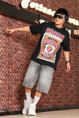 Unisex Black Oversized Printed Drop-Shoulder Sleeve Pure Cotton Tshirt