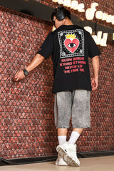 Unisex Black Oversized Printed Drop-Shoulder Sleeve Pure Cotton Tshirt