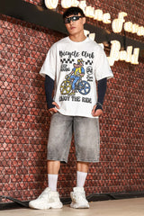 Unisex White Oversized Printed Drop-Shoulder Sleeve Pure Cotton Tshirt