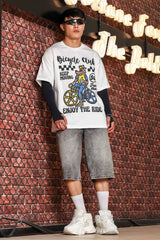 Unisex White Oversized Printed Drop-Shoulder Sleeve Pure Cotton Tshirt