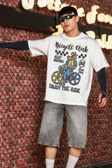 Unisex White Oversized Printed Drop-Shoulder Sleeve Pure Cotton Tshirt