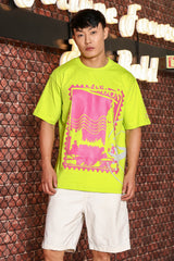 UNISEX Neon Green Oversized Printed Drop-Shoulder Sleeve Pure Cotton Tshirt
