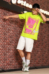 UNISEX Neon Green Oversized Printed Drop-Shoulder Sleeve Pure Cotton Tshirt