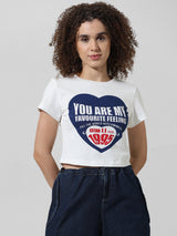 Women's White Knitted Casual Printed Cropped Half Sleeves Tshirt