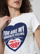 Women's White Knitted Casual Printed Cropped Half Sleeves Tshirt