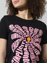 Women's Black Knitted Casual Printed Regular Fit Half Sleeves Tshirt