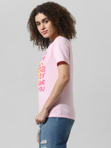Women's Pink Knitted Casual Printed Regular Fit Half Sleeves Tshirt