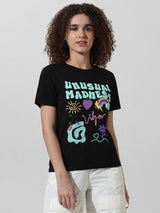 Women's Black Knitted Casual Printed Regular Fit Half Sleeves Tshirt