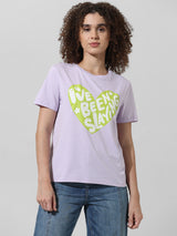 Women's Purple Knitted Casual Printed Regular Fit Half Sleeves Tshirt