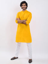 Men's Yellow Cotton Solid Kurta