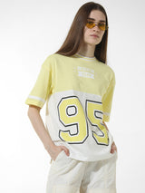 Women's Yellow Knitted Casual Printed Regular Fit Half Sleeves Tshirt