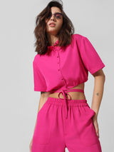 Women's Pink Woven Casual Solid Cropped Half Sleeves Shirt