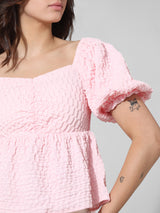 Women's Pink Woven Casual Solid Cropped Half Sleeves Top