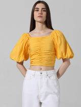 Women's Yellow Woven Casual Solid Cropped Half Sleeves Top