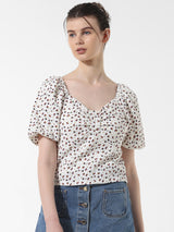 Women's White Woven Casual Printed Regular Fit Half Sleeves Top