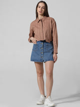 Women's Brown Woven Casual Solid Cropped Half Sleeves Shirt
