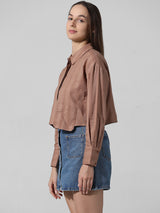 Women's Brown Woven Casual Solid Cropped Half Sleeves Shirt