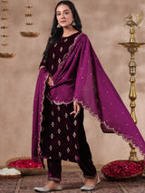 Women's Ethnic Velvet Purple Straight Kurta Set with Dupatta