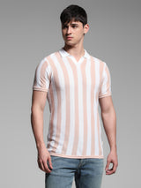 Men's Pink Casual Regular Fit Striped Half Sleeves Polo Tshirt
