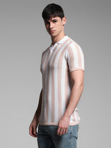 Men's Pink Casual Regular Fit Striped Half Sleeves Polo Tshirt