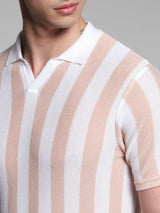 Men's Pink Casual Regular Fit Striped Half Sleeves Polo Tshirt