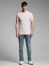 Men's Pink Casual Regular Fit Striped Half Sleeves Polo Tshirt