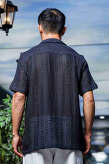 Unisex Relaxed Fit Patterned Cotton Crochet Textured Resort Shirt