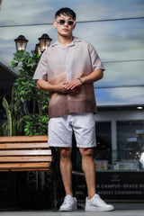 Unisex Brown Ombre Tropical Print Relaxed Fit Resort Cuban Collar Shirt