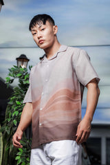 Unisex Brown Ombre Tropical Print Relaxed Fit Resort Cuban Collar Shirt