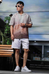 Unisex Brown Ombre Tropical Print Relaxed Fit Resort Cuban Collar Shirt