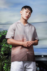 Unisex Brown Ombre Tropical Print Relaxed Fit Resort Cuban Collar Shirt