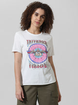 Women's White Knitted Casual Printed Regular Fit Half Sleeves Tshirt