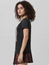 Women's Black Knitted Casual Printed Regular Fit Half Sleeves Tshirt