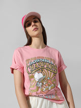 Women's Pink Knitted Casual Printed Regular Fit Half Sleeves Tshirt