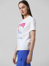 Women's White Knitted Casual Printed Regular Fit Half Sleeves Tshirt