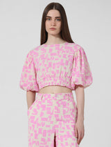 Women's Pink Woven Casual Printed Cropped Half Sleeves Top