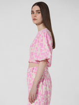 Women's Pink Woven Casual Printed Cropped Half Sleeves Top