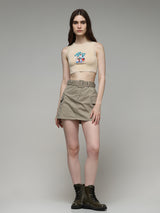 Women's Beige Knitted Casual Printed Cropped Sleeveless Top