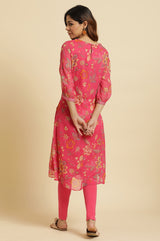Women's Floral Printed Thread Work Chiffon A-Line Kurta