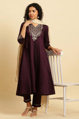 Women's Purple Solid Metallic Embroidered Anarkali Woven Kurta With Slim Pants And Dupatta