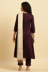Women's Purple Solid Metallic Embroidered Anarkali Woven Kurta With Slim Pants And Dupatta