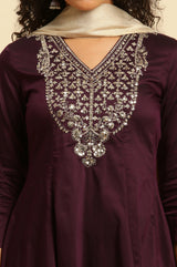 Women's Purple Solid Metallic Embroidered Anarkali Woven Kurta With Slim Pants And Dupatta