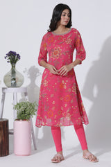 Women's Pink Floral Printed Thread Embroidered A-Line Chiffon Kurta With Cotton Lycra Tights
