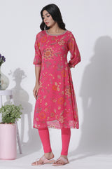 Women's Pink Floral Printed Thread Embroidered A-Line Chiffon Kurta With Cotton Lycra Tights